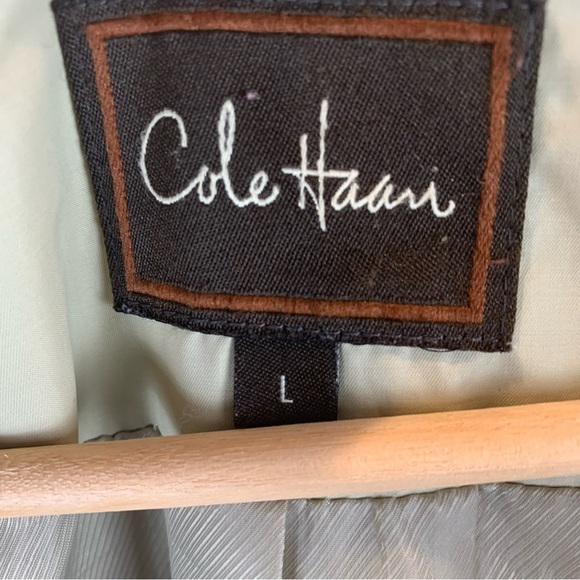 Cole Haan sz L Vintage Stone Beige Tan Hooded Raincoat Jacket Trench Women's - Picture 7 of 12